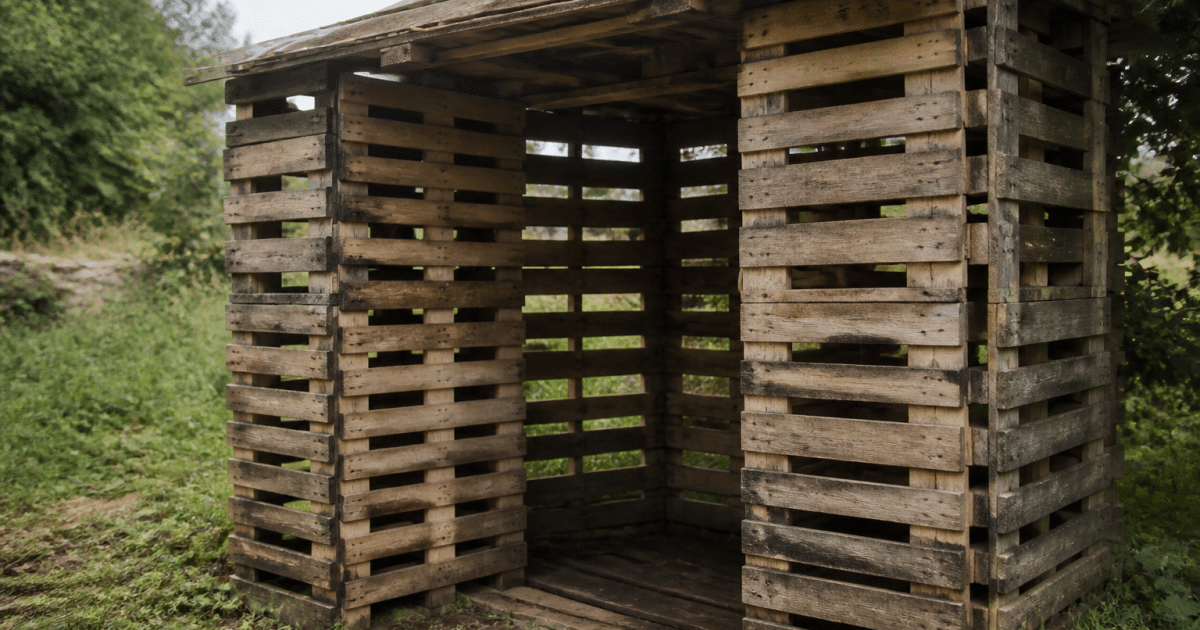 Palettes de bois empilees verticalement formant structure abri