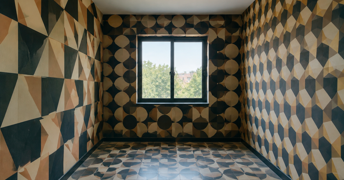 Motifs geometriques couvrant les quatre surfaces murales verticales