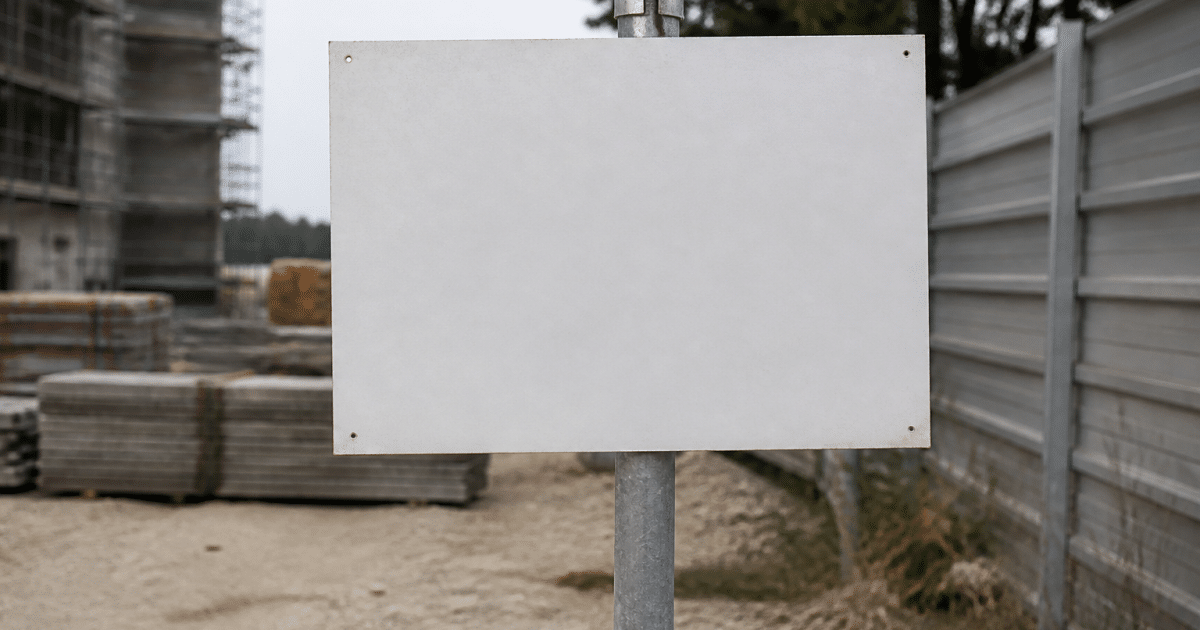 Panneau blanc rectangulaire fixe sur poteau metal vertical chantier construction