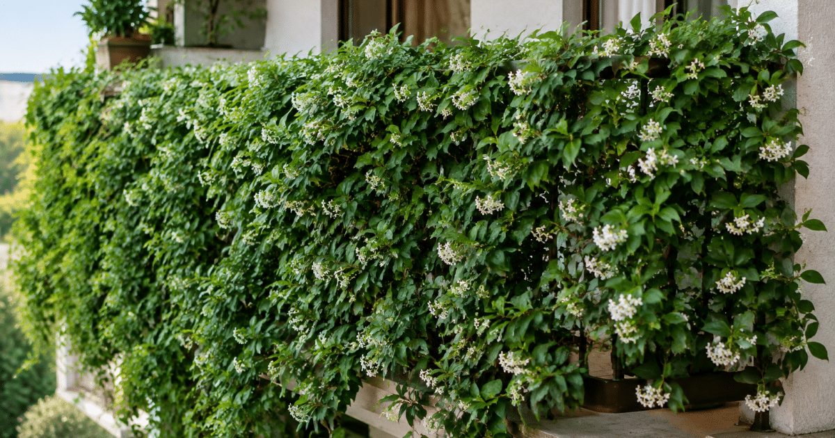 Plantes grimpantes denses couvrant entierement une rambarde de balcon