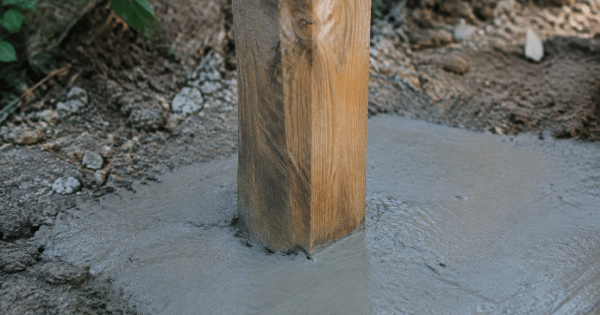 Poteau vertical enfonce dans du ciment gris frais