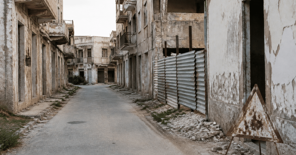 Rues desertes avec batiments degrades et panneaux d'avertissement visibles