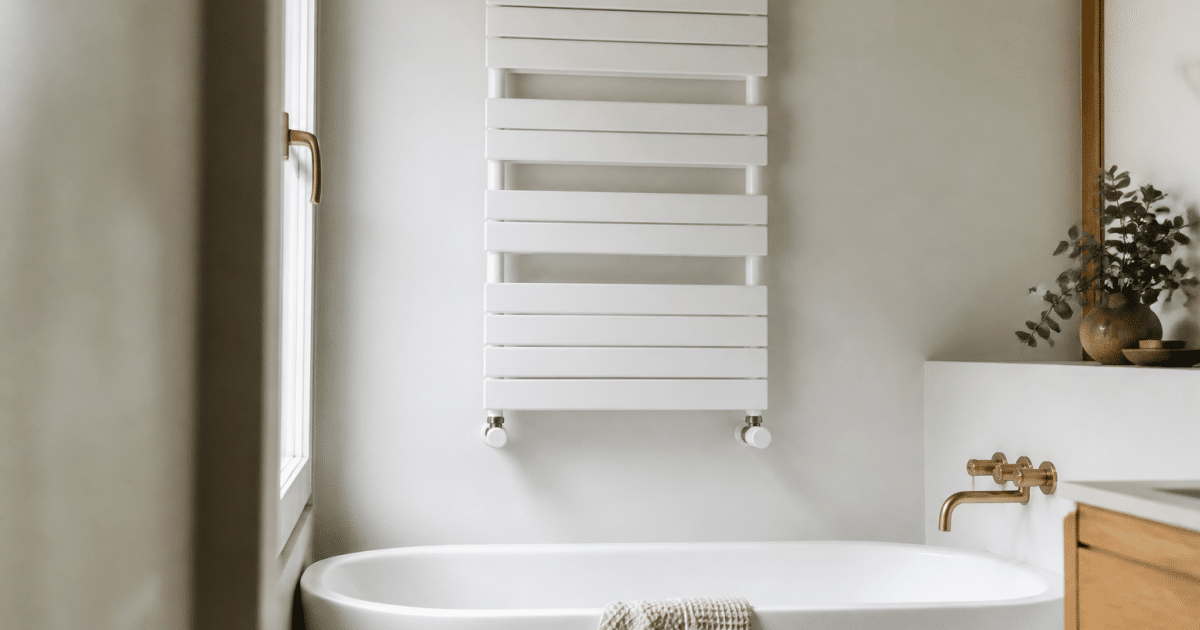 Radiateur mural blanc suspendu au-dessus baignoire salle bain
