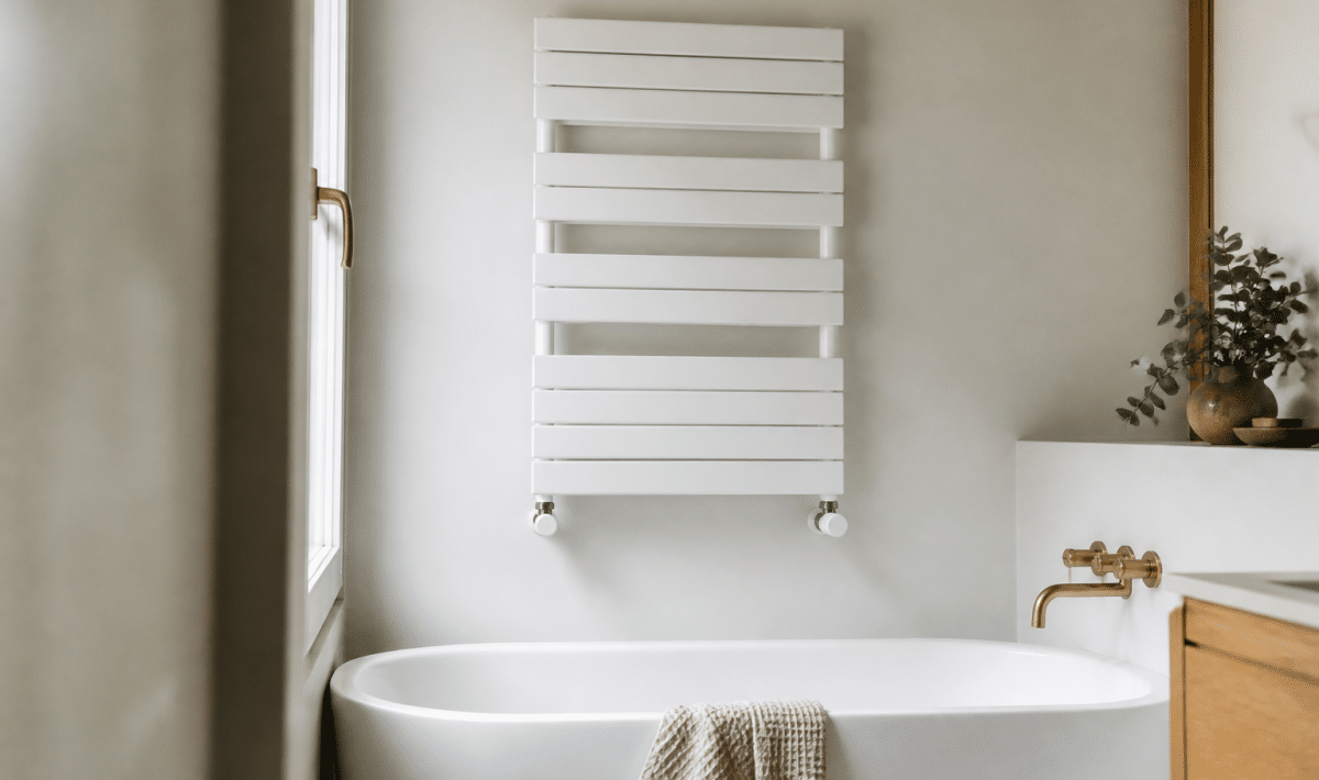 Radiateur mural blanc suspendu au-dessus baignoire salle bain