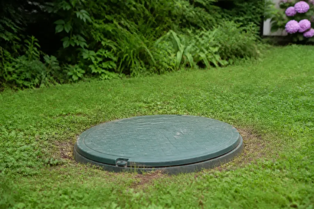 Couvercle de fosse septique dans un jardin verdoyant