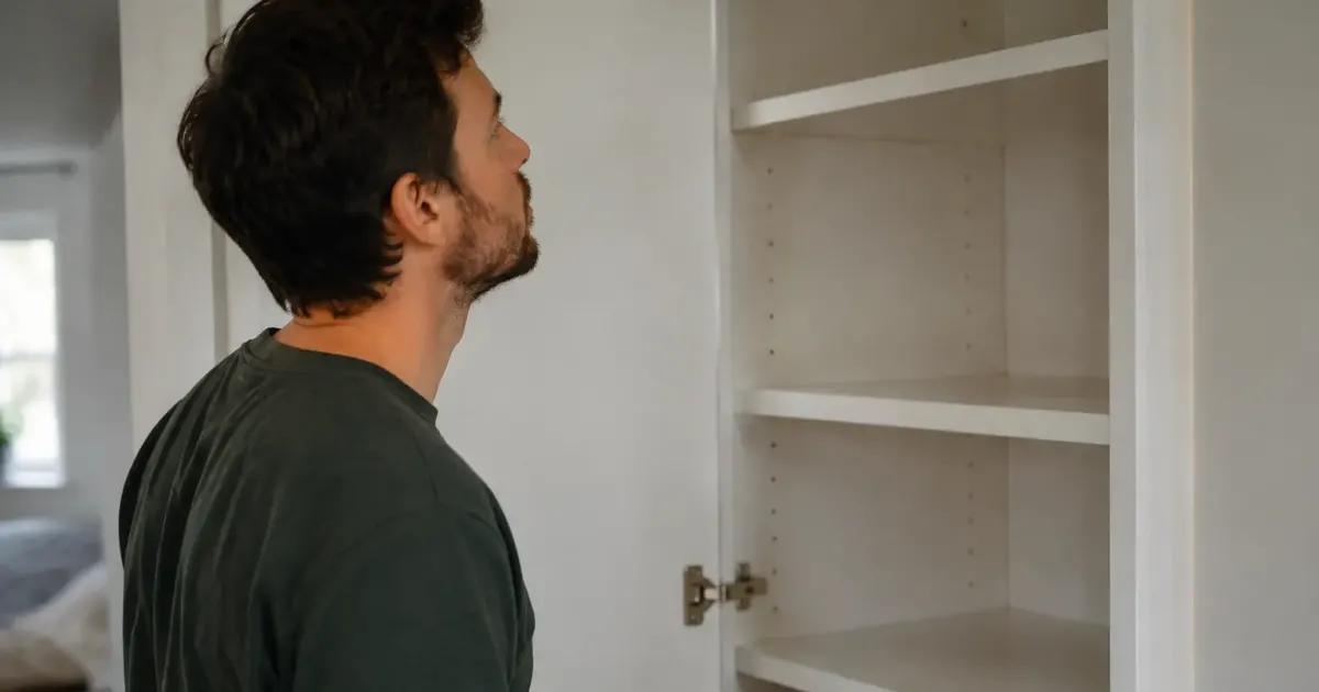 Homme debout fixant une etagere blanche dans un placard