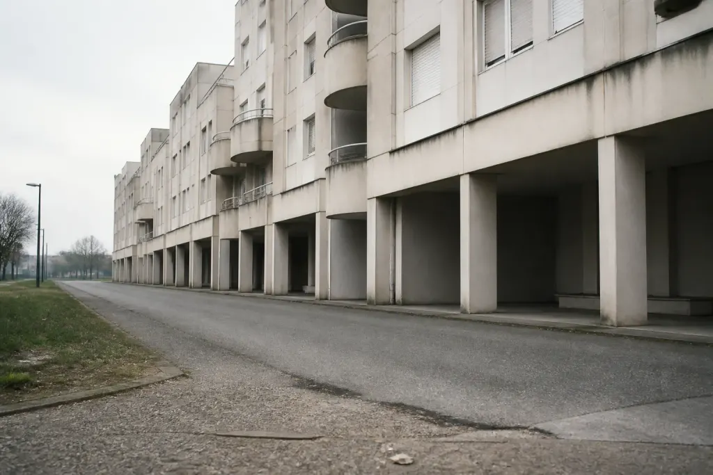 Immeubles beton gris rues vides sans commerce