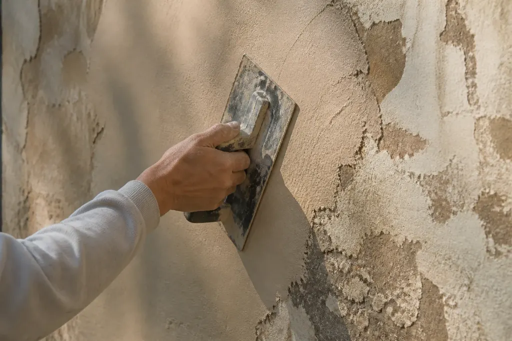 Mains appliquant un enduit beige sur un mur ancien