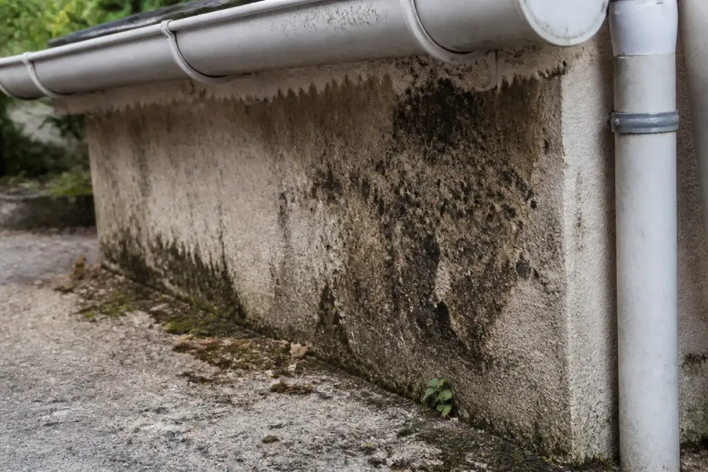 Mur humide couvert de moisissures noires sous une gouttiere