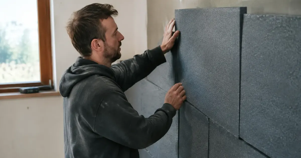 Un ouvrier fixe des plaques de mousse au mur