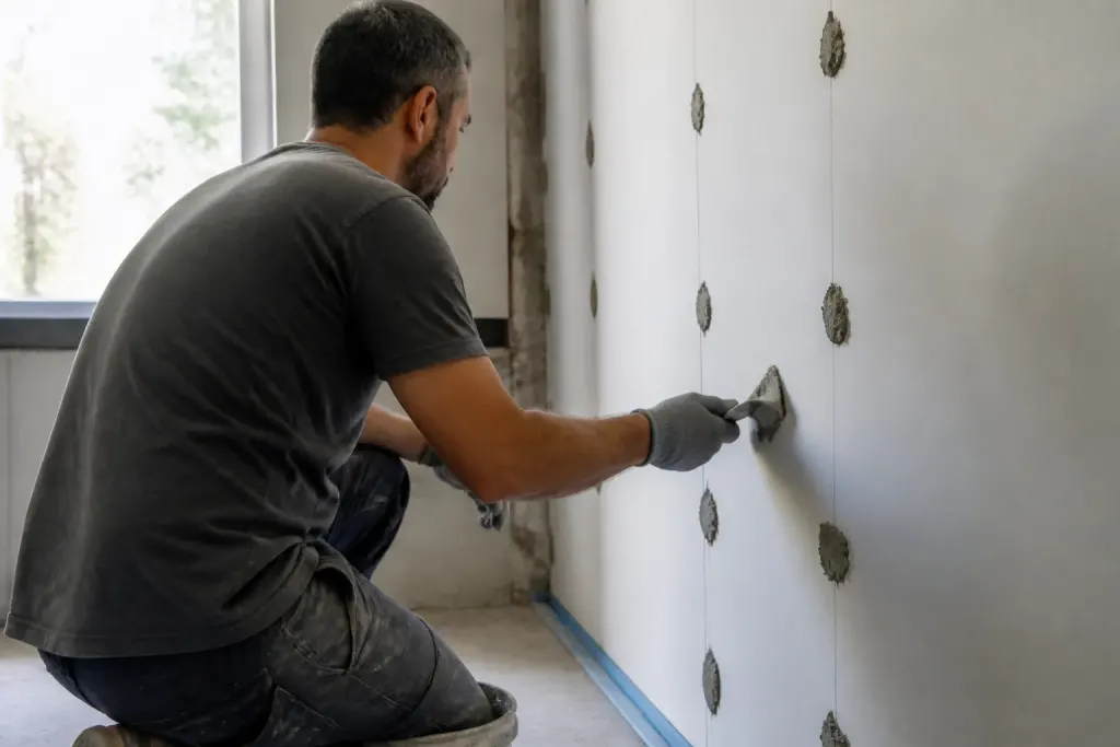 Ouvrier applique des points de mortier gris sur cloison