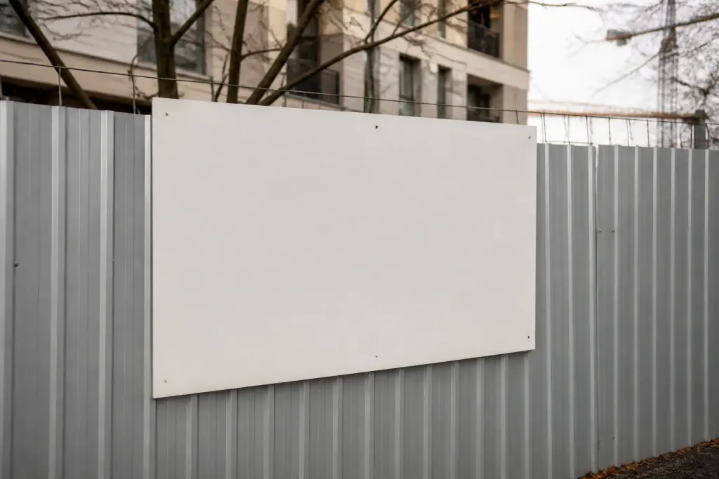 Panneau blanc de permis fixe sur palissade de chantier