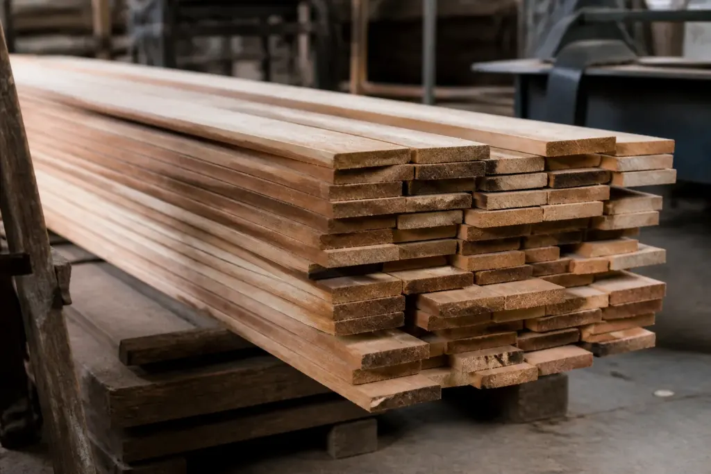 Planches bois epicea douglas empilees atelier