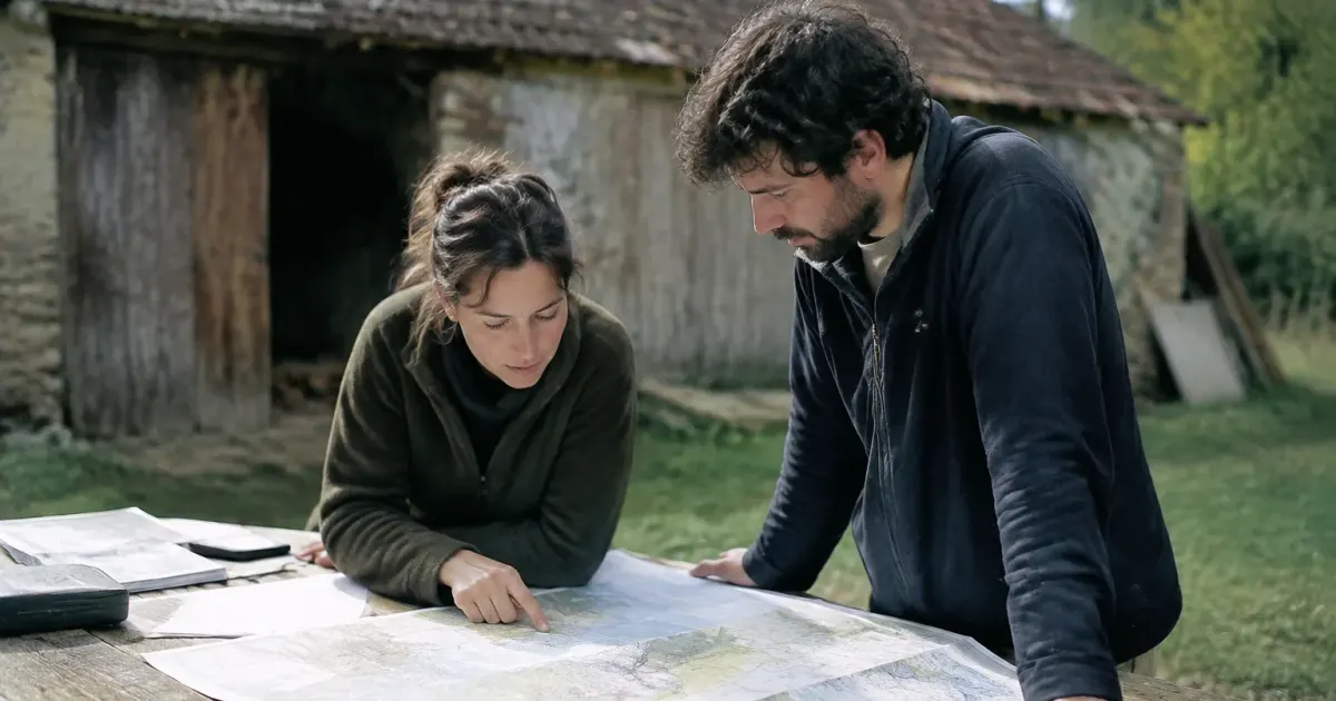 Plans étalés sur table devant une vieille grange