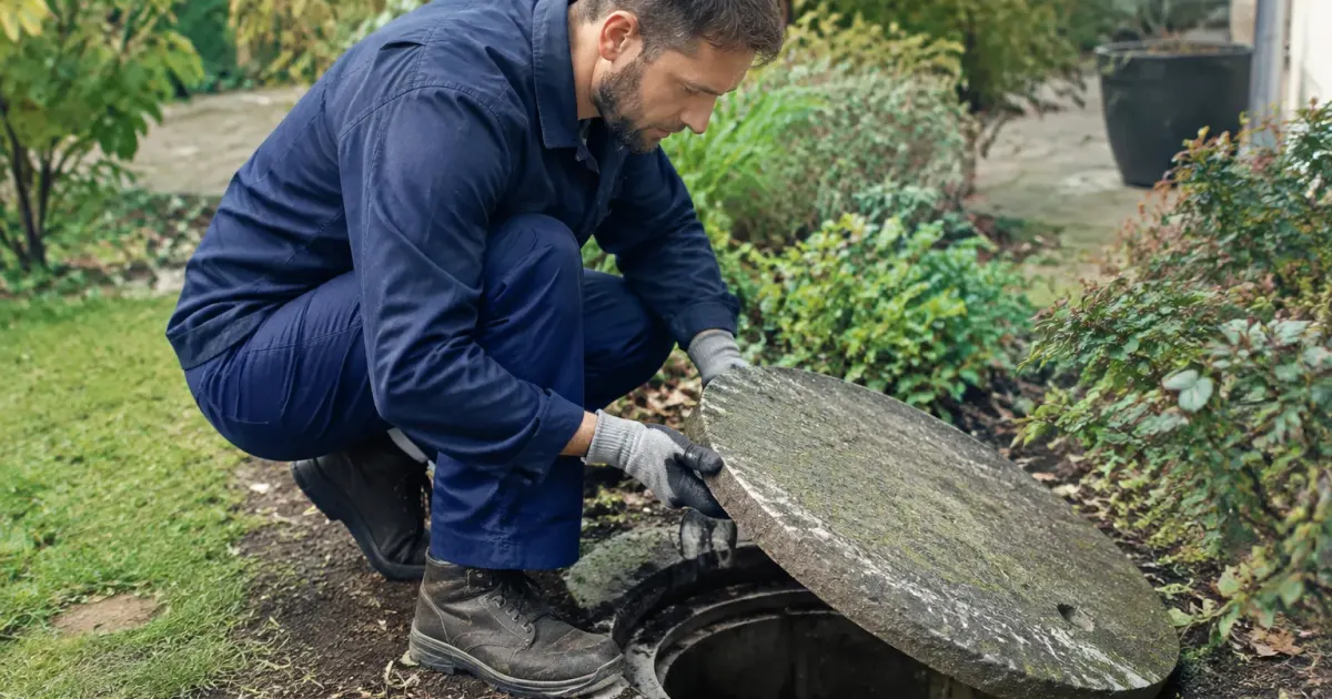 Plombier accroupi ouvre un couvercle beton au jardin