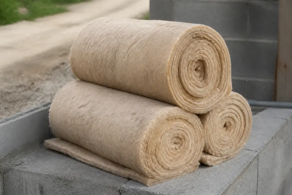 Rouleaux beiges de laine poses sur mur en parpaing
