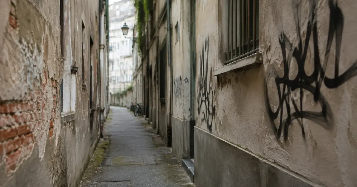Rue etroite longeant batiments decrepits avec graffitis noirs