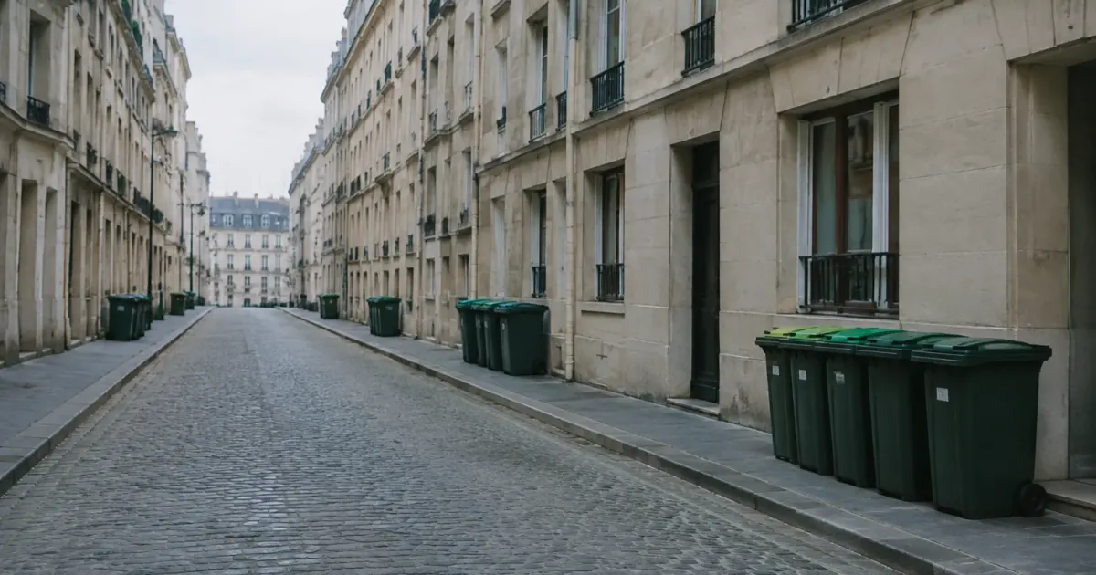 Rue pavee déserte, immeubles uniformes et poubelles alignées