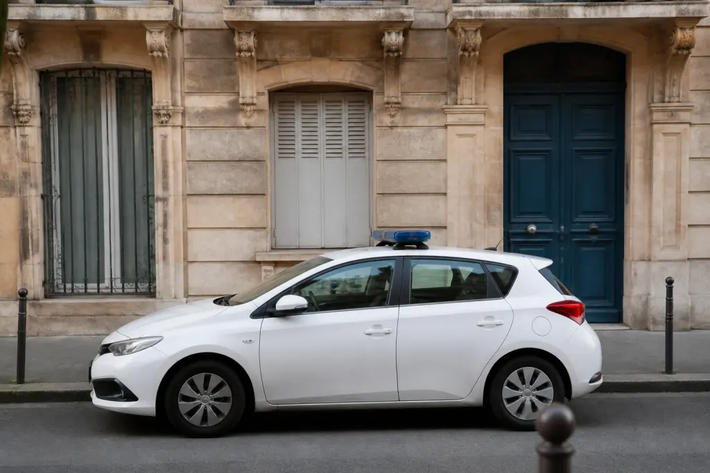 Voiture de police garee devant une facade ancienne